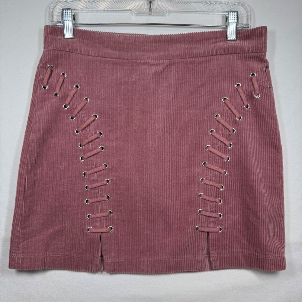 Forever 21 Women's Corduroy Mini Skirt Pink Lace Up Details‎ Size Large
